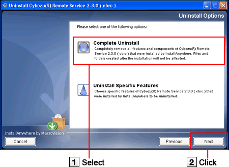 "Uninstall Options" screen